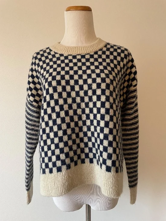 Madewell Navy and Cream Checkered Sweater Alpaca Blend Crewneck ~ SMALL - Picture 2 of 7
